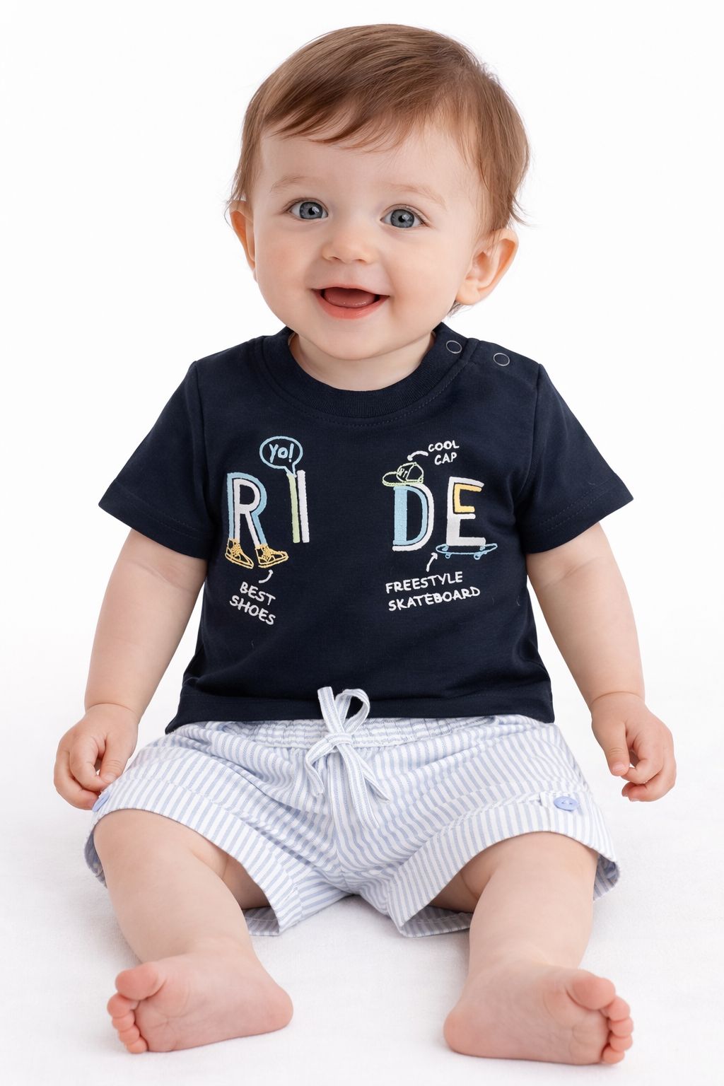 Candyhouse Boys Tshirt & Half Pant Set with Embroidery Design and Stripes - Navy