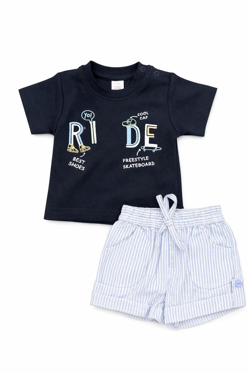 Candyhouse Boys Tshirt & Half Pant Set with Embroidery Design and Stripes - Navy