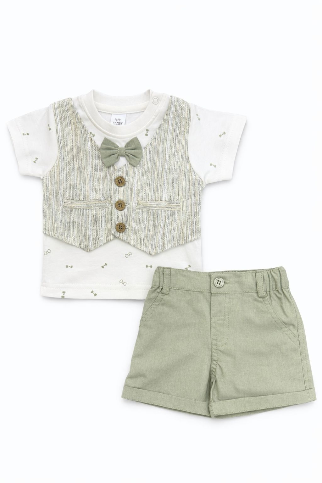 Candyhouse Boys Tshirt & Half Pant Set with attached Waistcoat & Bow - Khaki