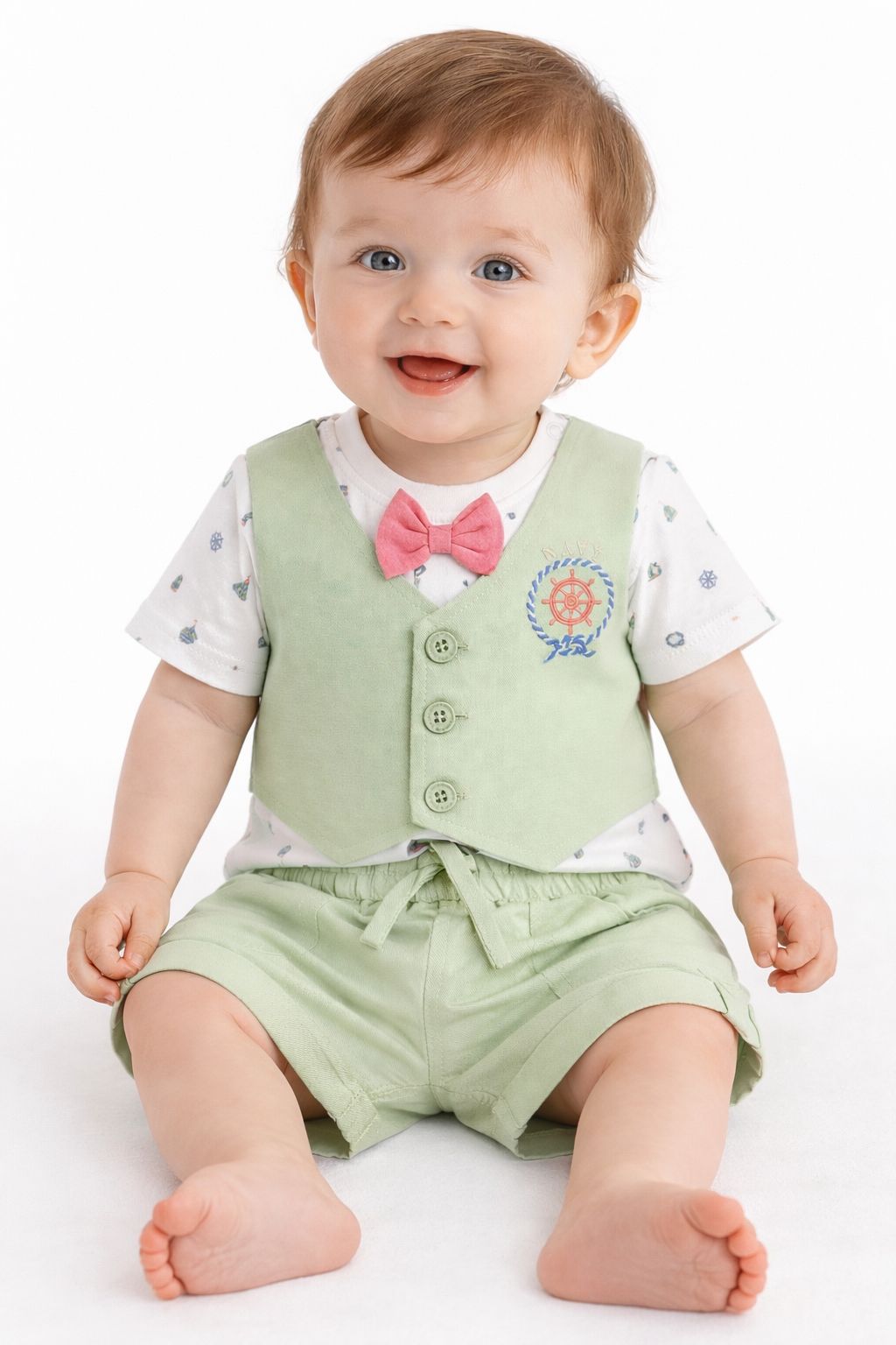 Candyhouse Boys Tshirt & Half Pant Set with attached Waistcoat & Bow - Pista