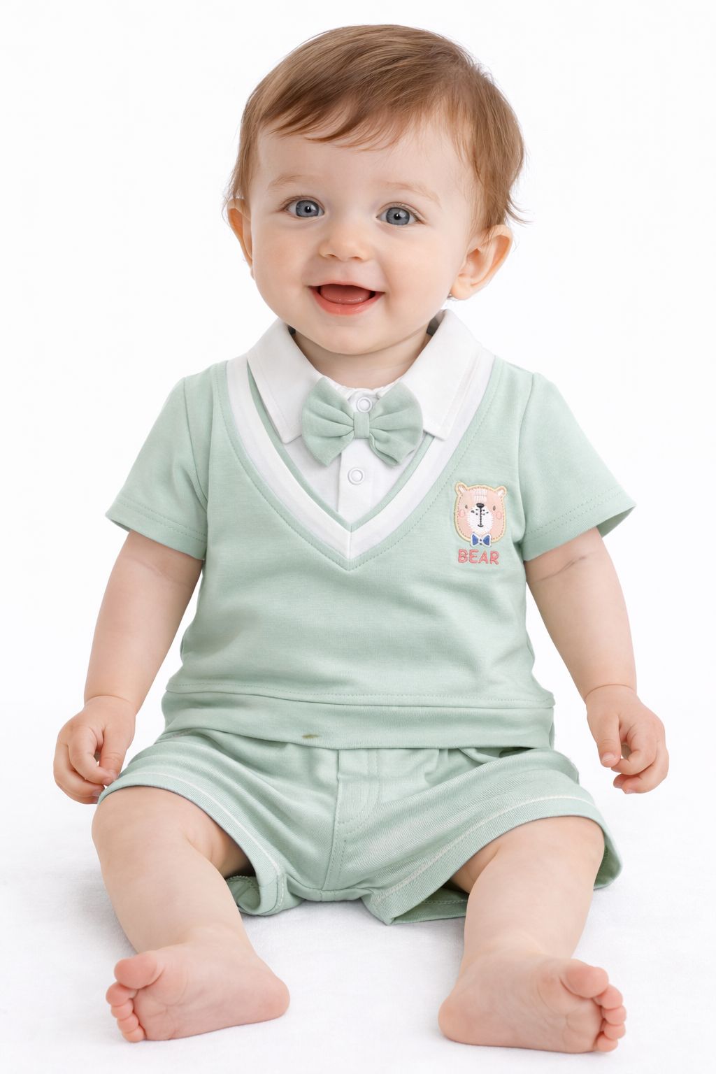 Candyhouse Boys Tshirt & Half Pant Set with attached Bow and Collor - Mint Green
