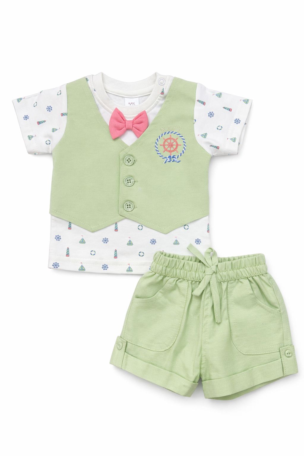 Candyhouse Boys Tshirt & Half Pant Set with attached Waistcoat & Bow - Pista