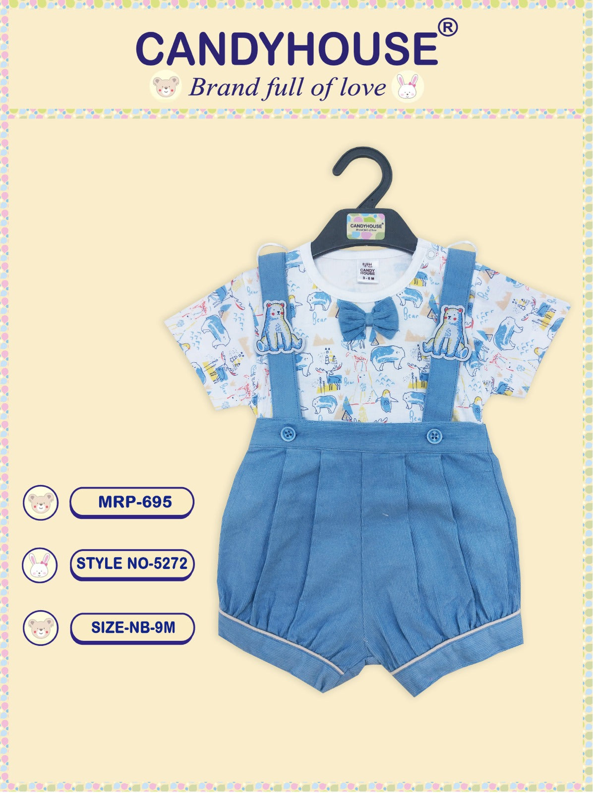 CandyHouse Corduroy Half Romper and Half Sleeves Inner Tee with Bow and all over print - Aqua Blue