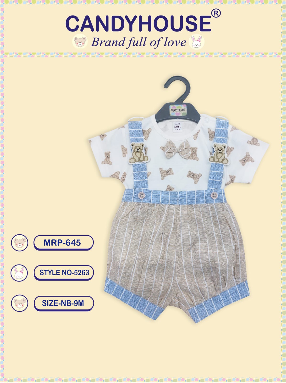 CandyHouse Cotton Woven Half Romper and Half Sleeves Inner Tee with Bow and all over print - Beige