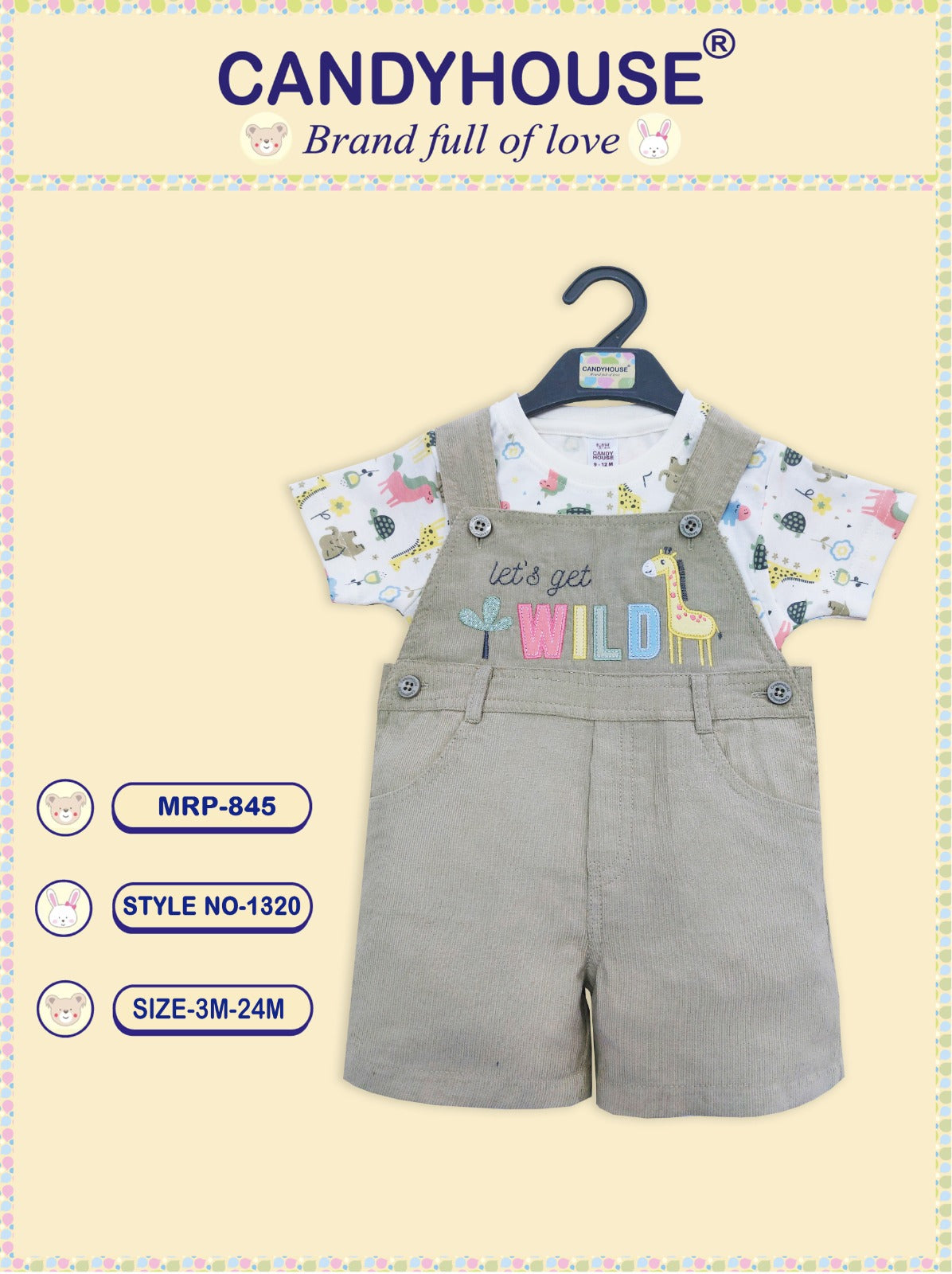 CandyHouse Cotton Woven Corduroy Embroidered Dungaree with Half Sleeves Striped T-Shirt - Tee Green