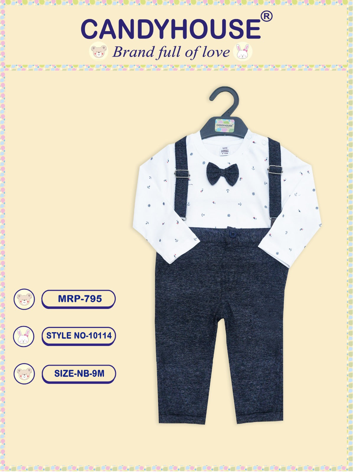 CandyHouse Full Sleeves Anchor Print T-Shirt with bow & Trouser Set With Suspender - Charcoal Grey