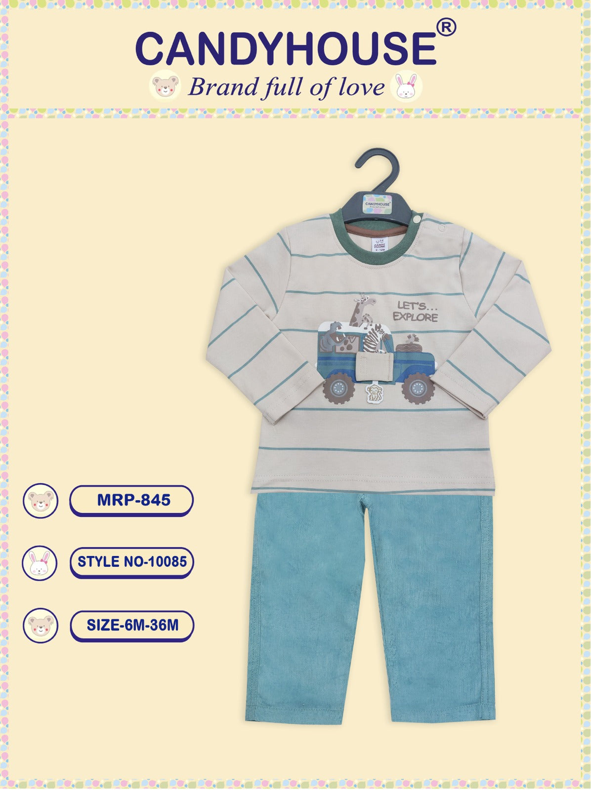 CandyHouse 100% Knitted Cotton Full Sleeves Striped T-Shirt & Woven Corduroy Pants Set With Bear Embroidery - Beige & Pista
