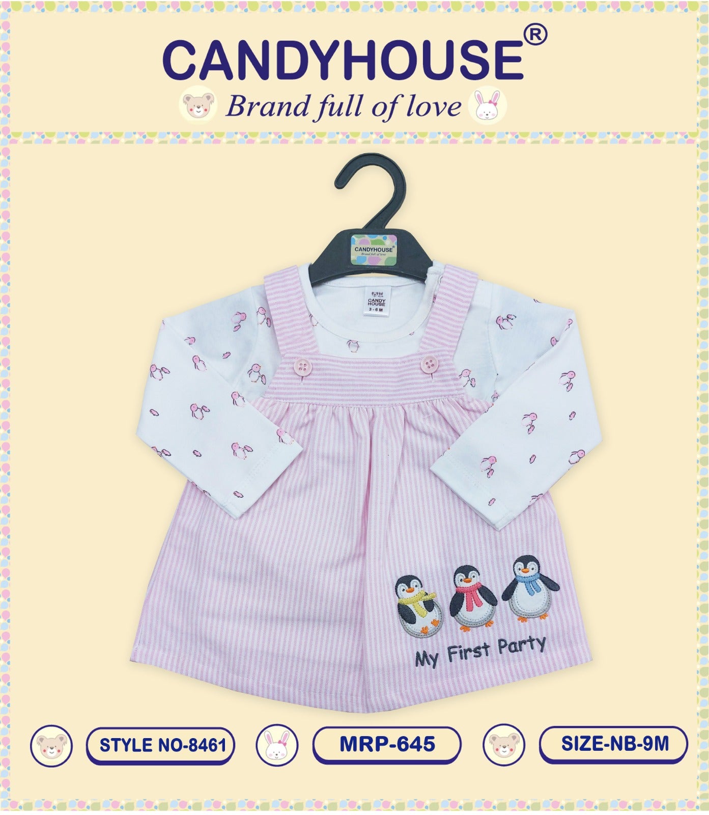 CandyHouse 100% Cotton Woven Knit Frock With Floral Printed Full Sleeves Inner Tee -  Baby Pink & White Print