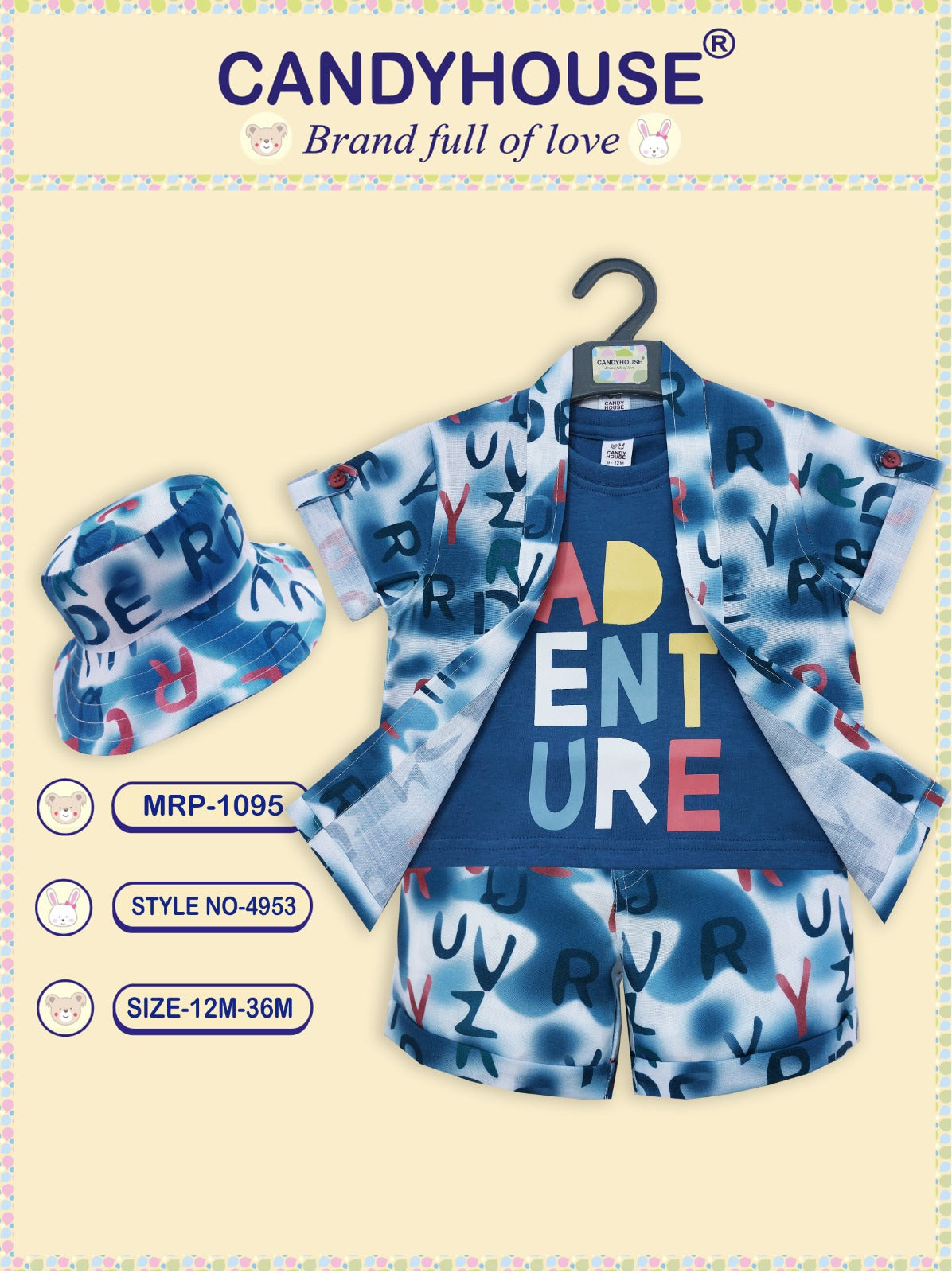 CandyHouse 100% Cotton Knit Half Sleeves Shirt, Sleeveless Knitted T-shirt & Shorts Set Floral With Cap - Blue