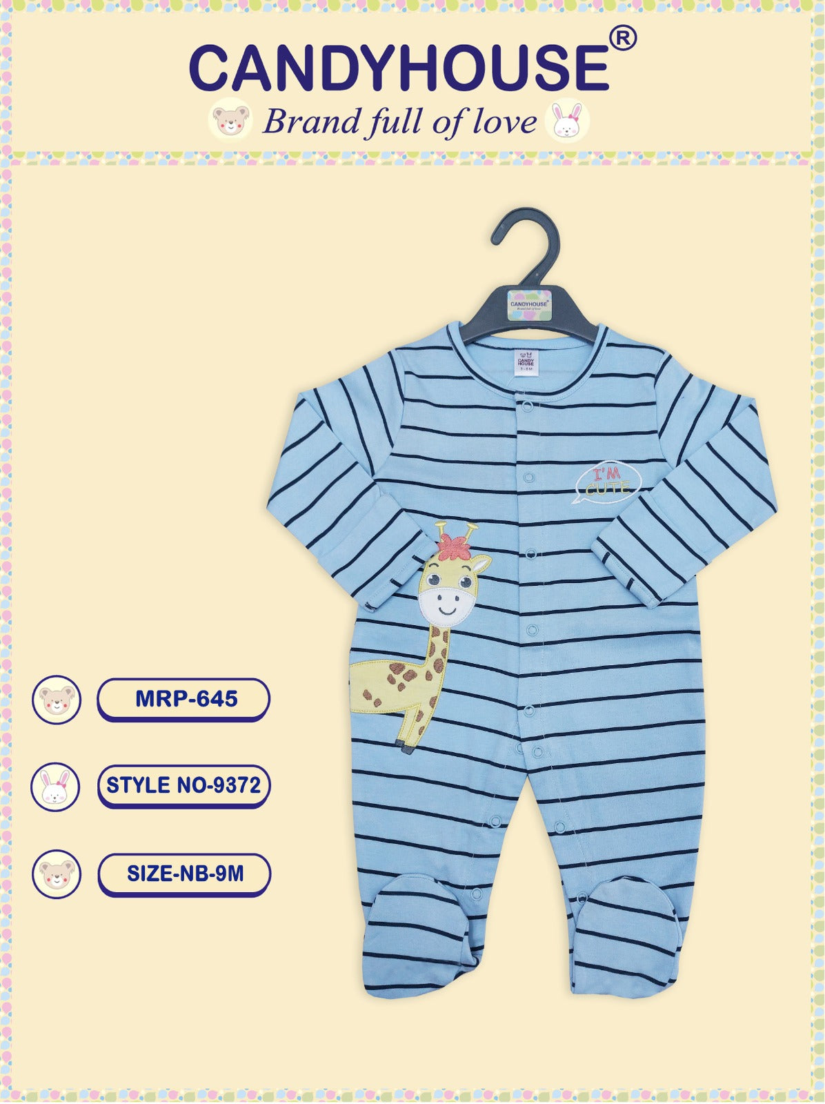CandyHouse 100% Cotton Interlock Full Sleeves Romper/Sleep Suit Striped with covered socks and applique - Blue