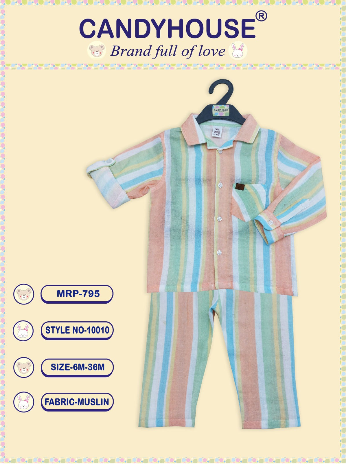 CandyHouse Cotton Muslin  Striped Shirt with Pocket & Trouser Pant Set - Multi Colour