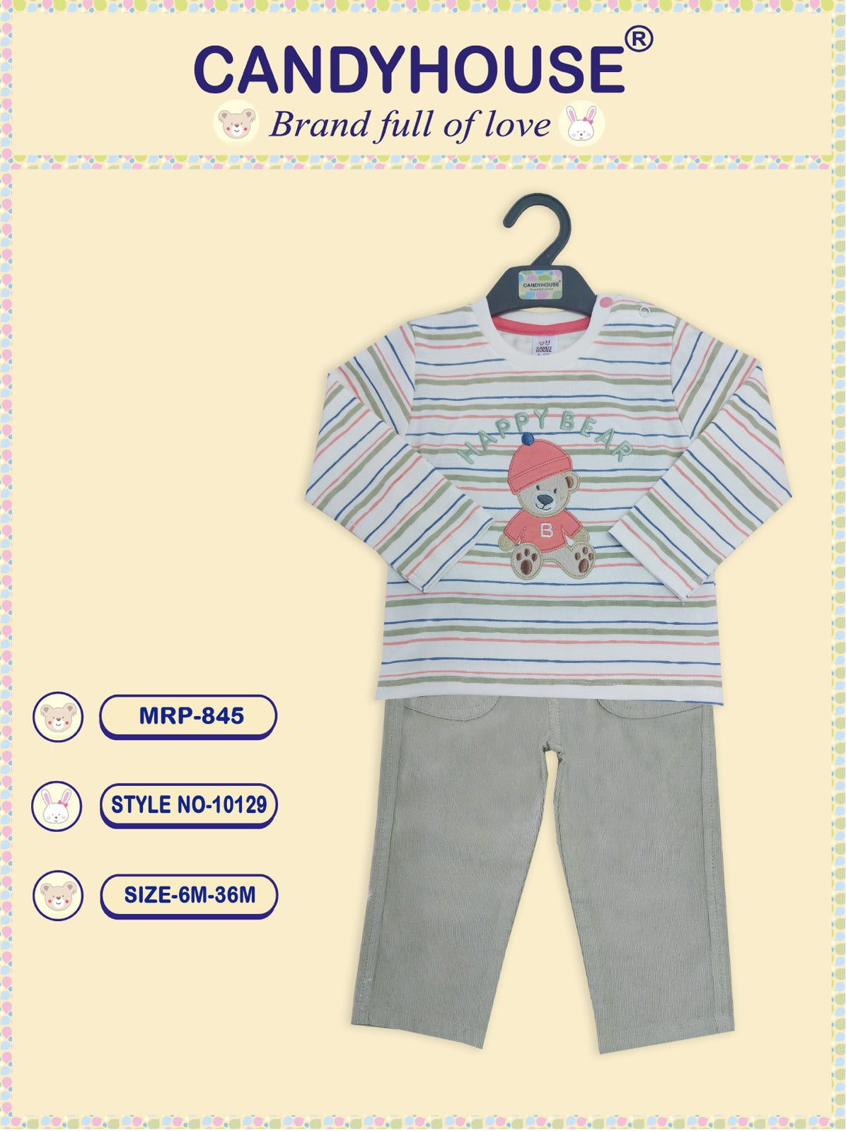 CandyHouse 100% Knitted Cotton Full Sleeves Striped T-Shirt & Woven Corduroy Pants Set With Bear Embroidery - Tee Green