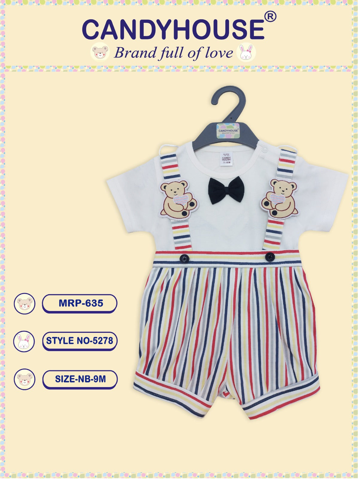 CandyHouse Cotton Interlock Half Romper Printed and Half Sleeves Plain Inner Tee with Bow - Multi Stripes