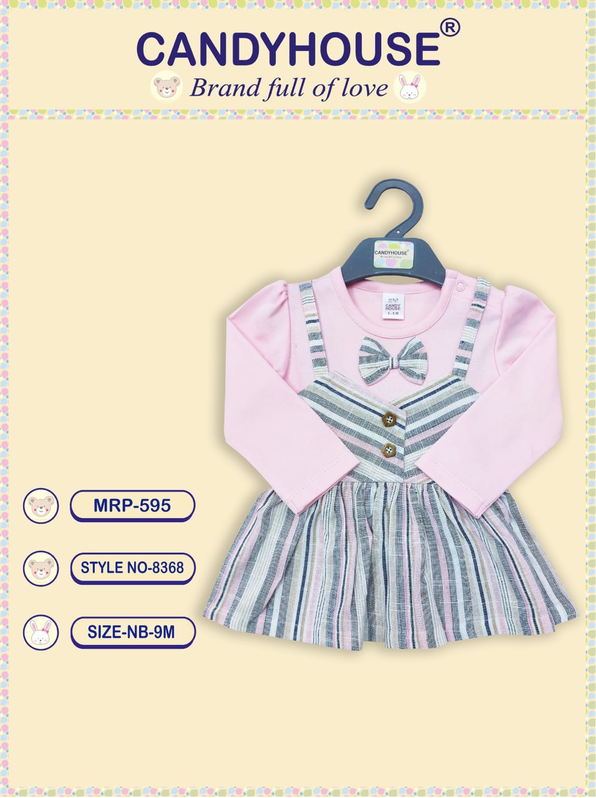 CandyHouse Cotton Knit Full Sleeves Striped Frock with attached Pink Top & Bow