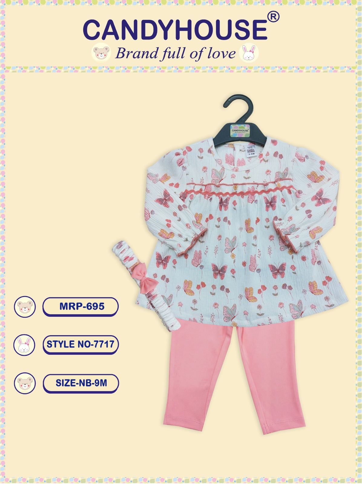 CandyHouse 100% Cotton Woven Printed Full Sleeves Floral Printed Top & Pant Set with Headband - Peach
