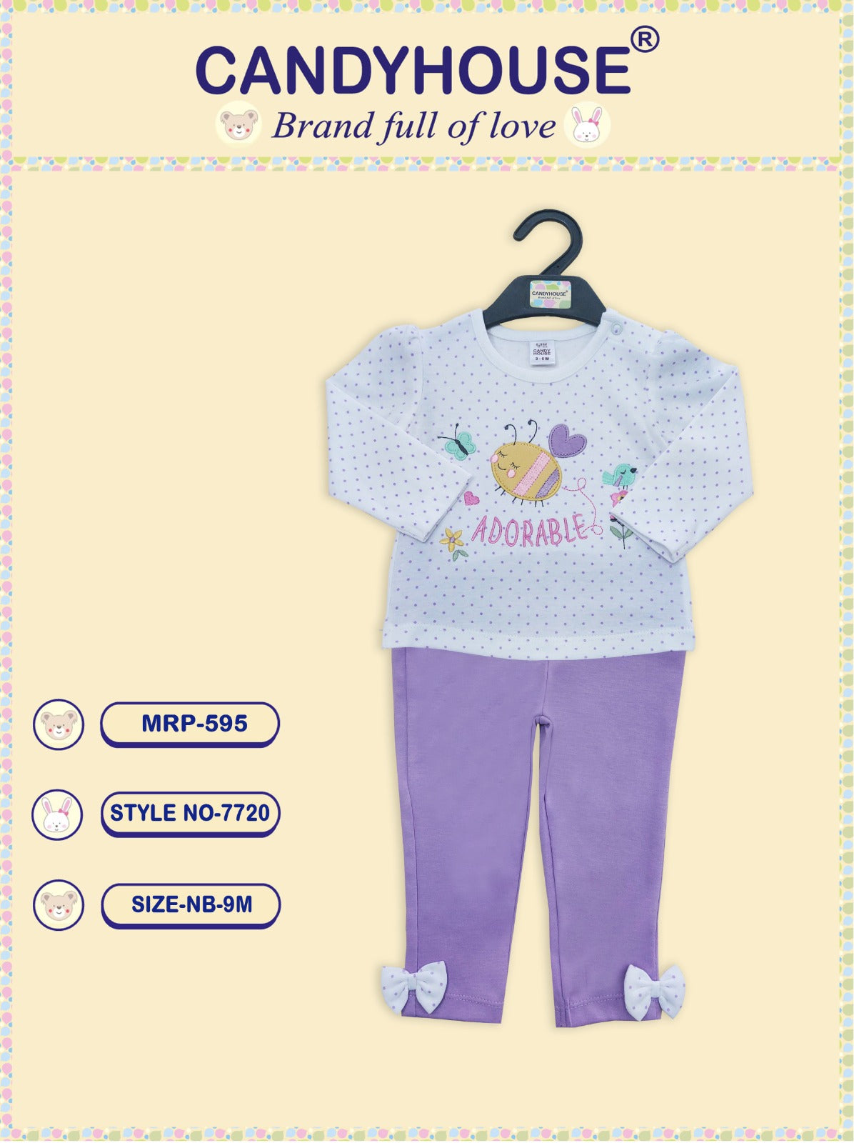 CandyHouse Cotton Knit Full Sleeves White Dotted with Embroidery Top & Leggings Set - Purple