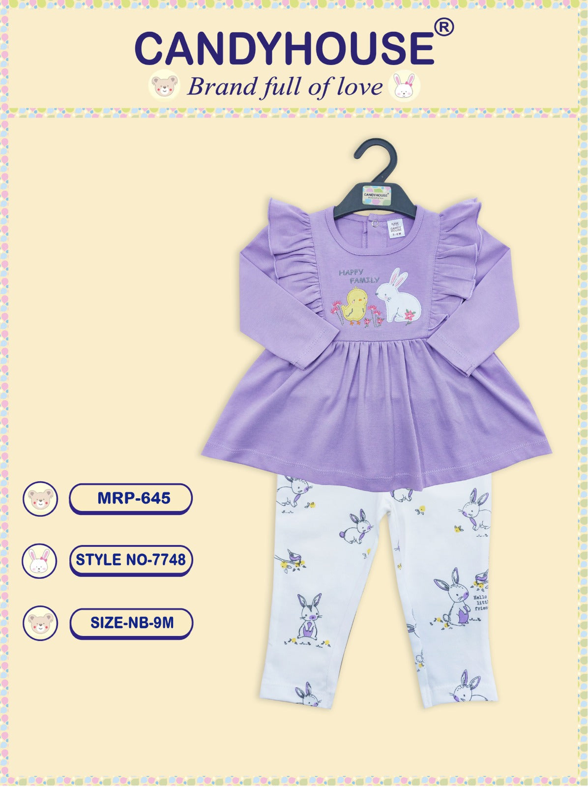 CandyHouse Cotton Knit Full Sleeves Top with Embroidery & Leggings Set - Purple