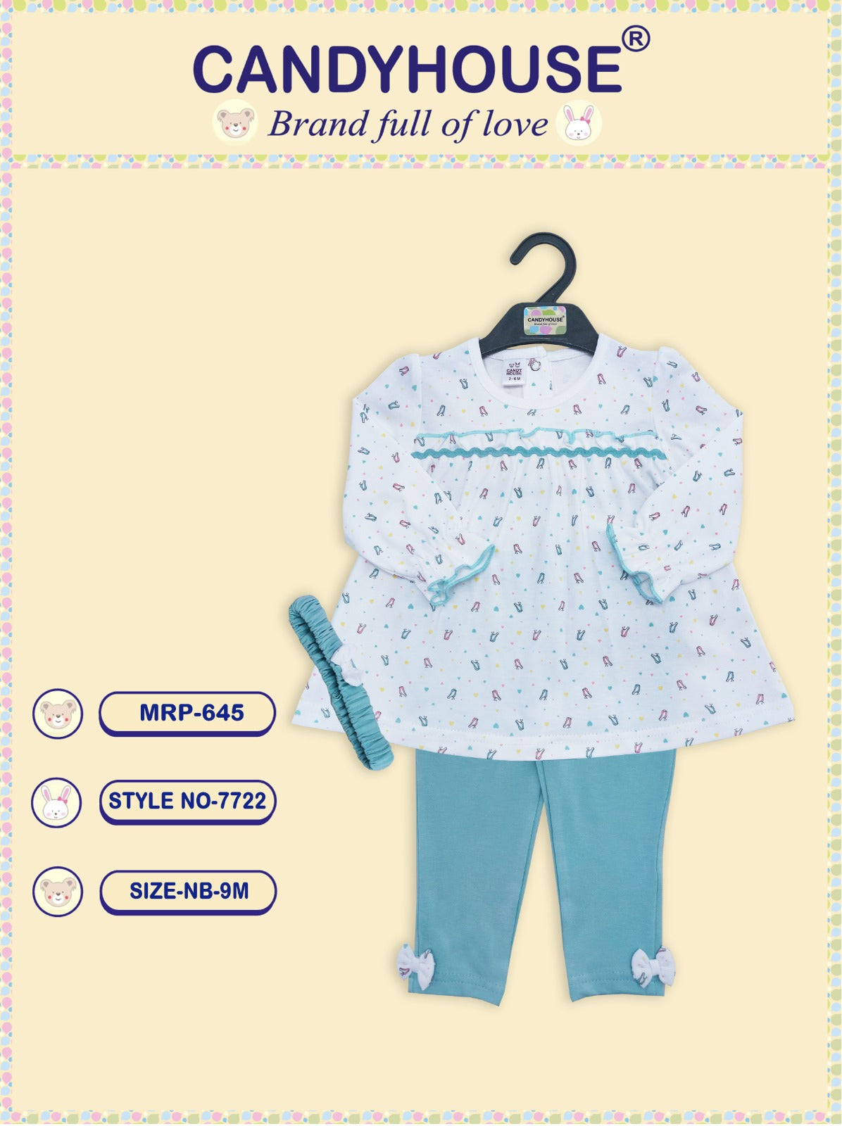 CandyHouse Interlock Knit Full Sleeves Floral Printed Top & Pant Set with Headband - Light Green