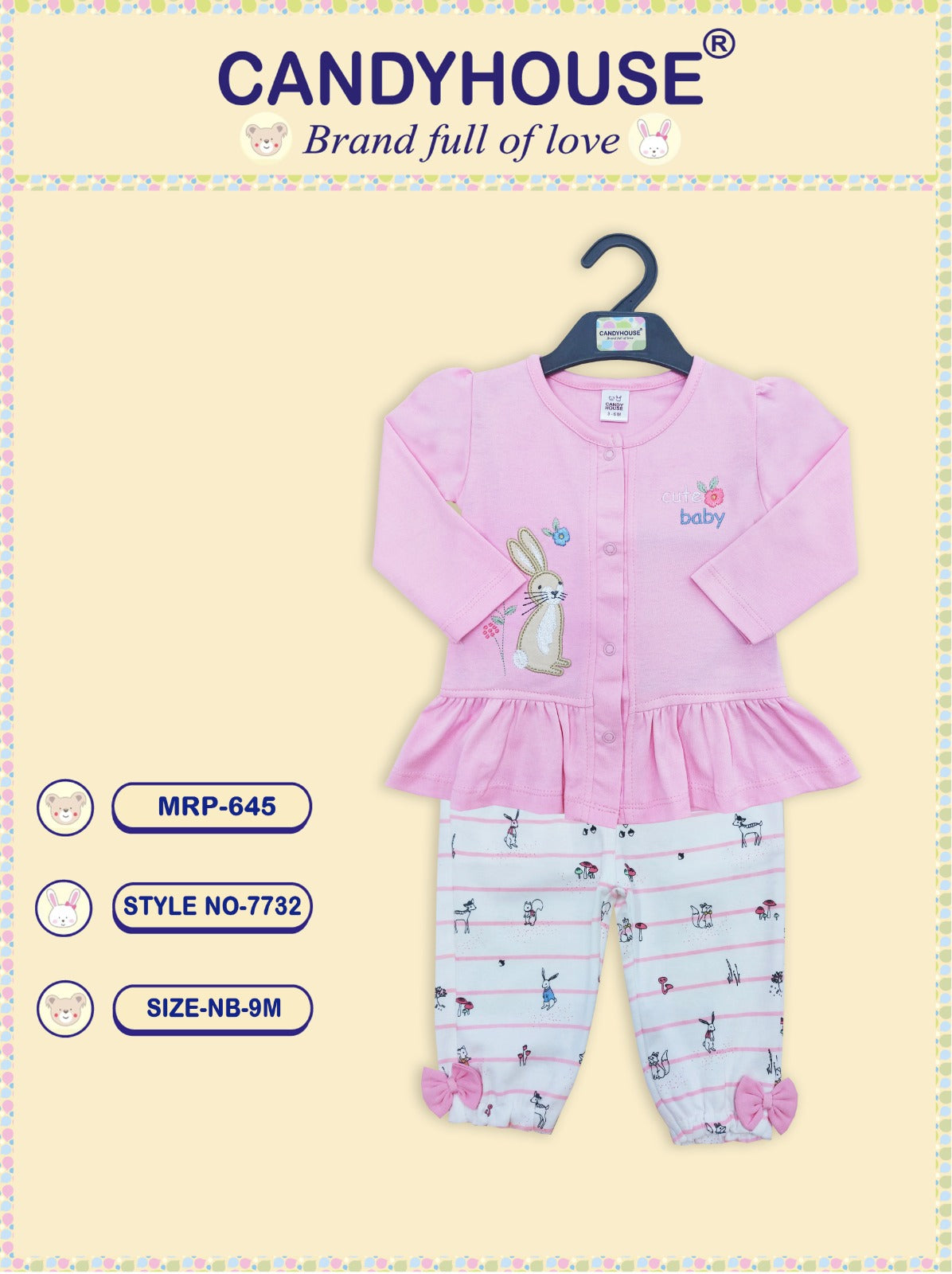 CandyHouse Cotton Knit Full Sleeves Floral Print Top with attached Bow & Leggings Set - Pink & White