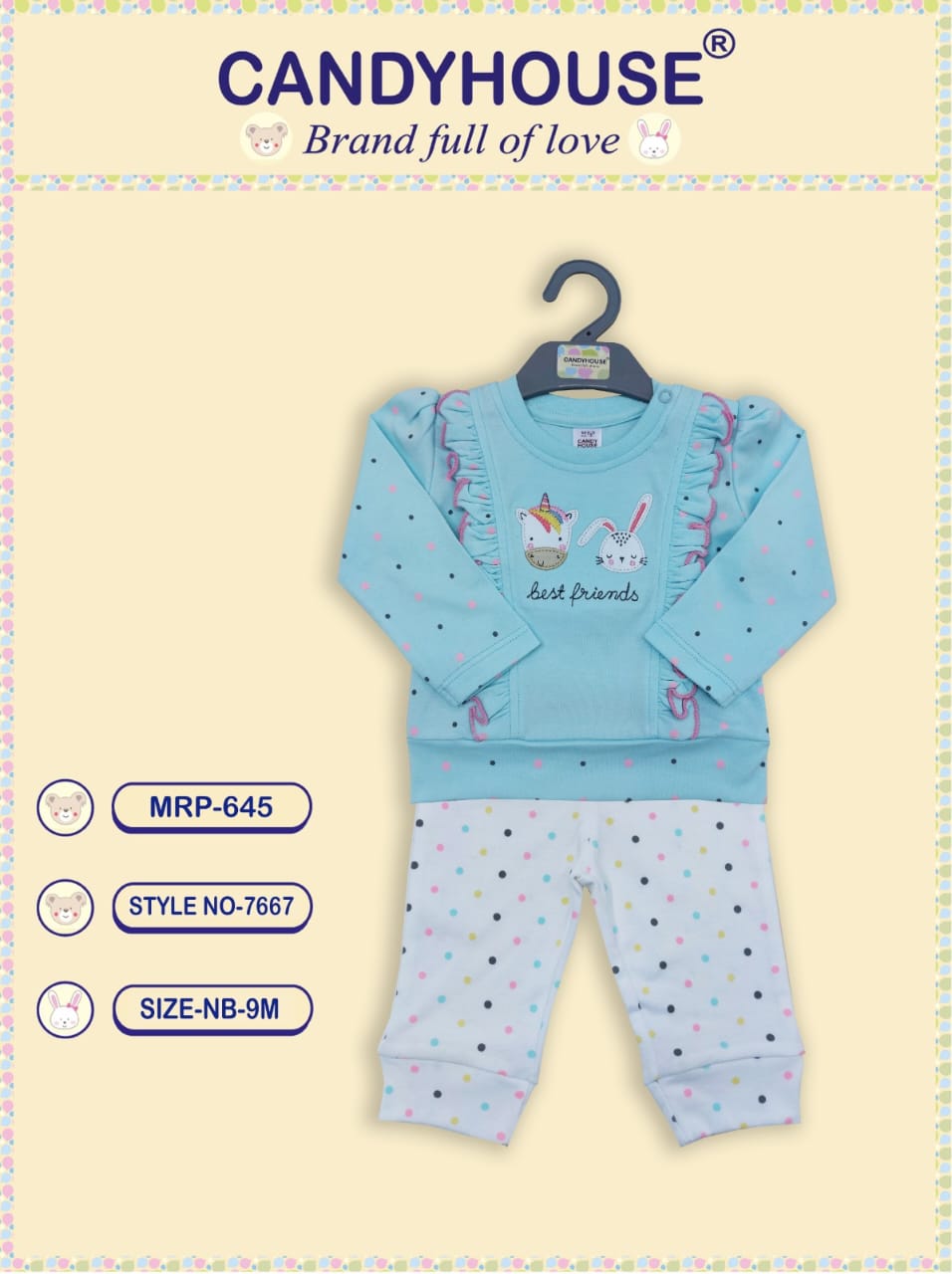 CandyHouse Cotton Knit Full Sleeves Multi Colour Dots with Embroidery Top & Leggings Set - Sky Blue & White