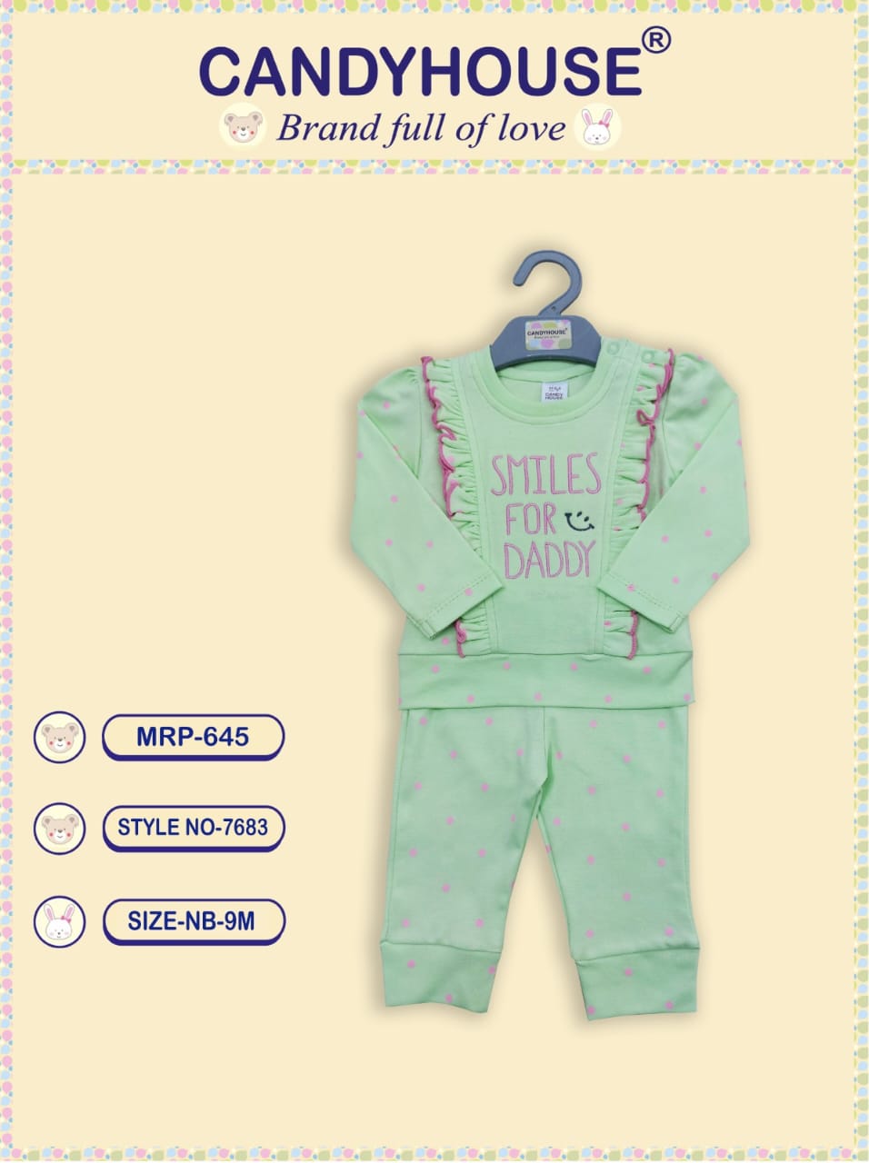 CandyHouse Cotton Knit Full Sleeves Pink Polka Dots with Embroidery Top & Leggings Set - Pista Green