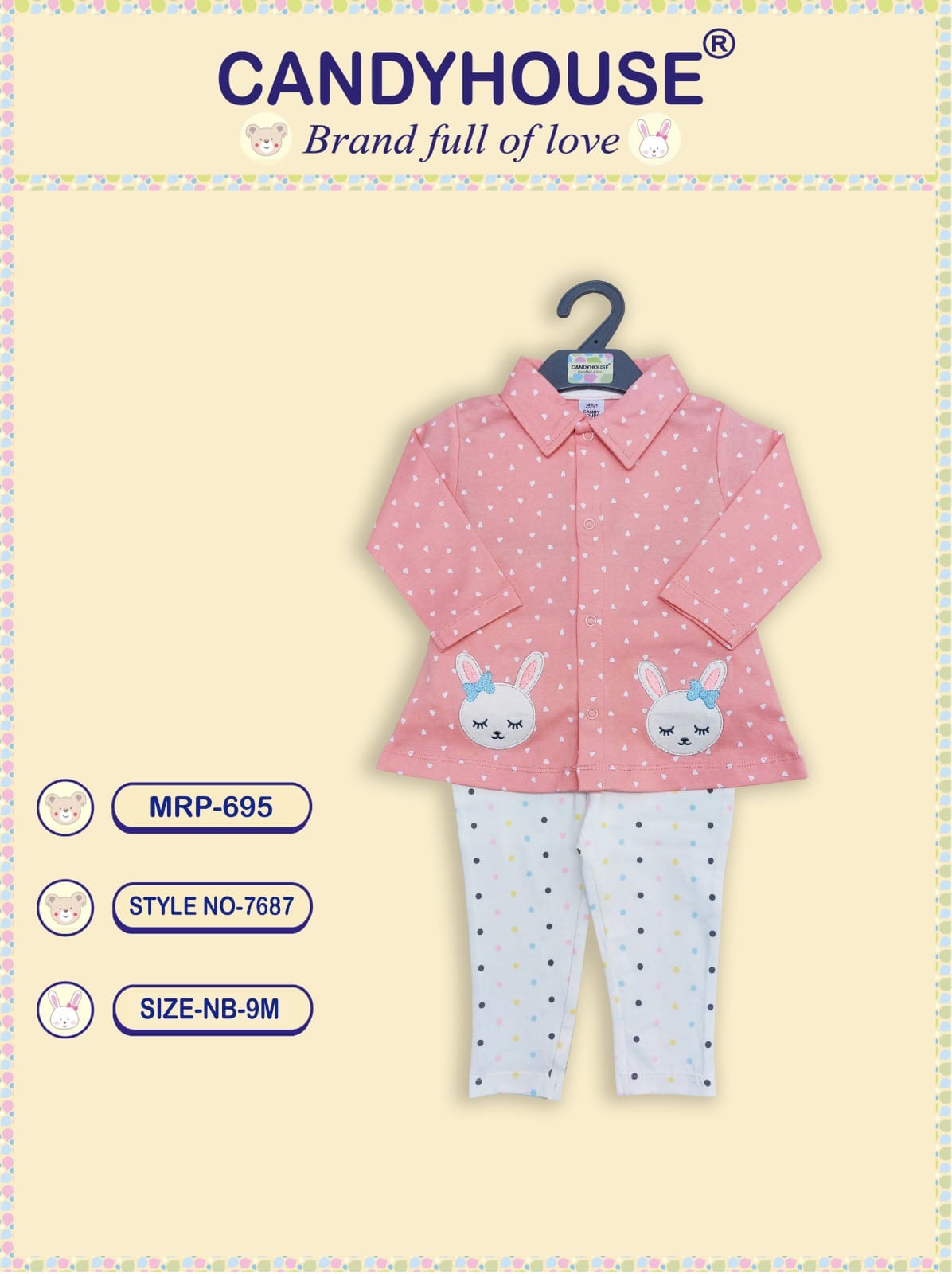 CandyHouse Cotton Knit Full Sleeves Front Open Collored Top & Leggings Set - Peach & White