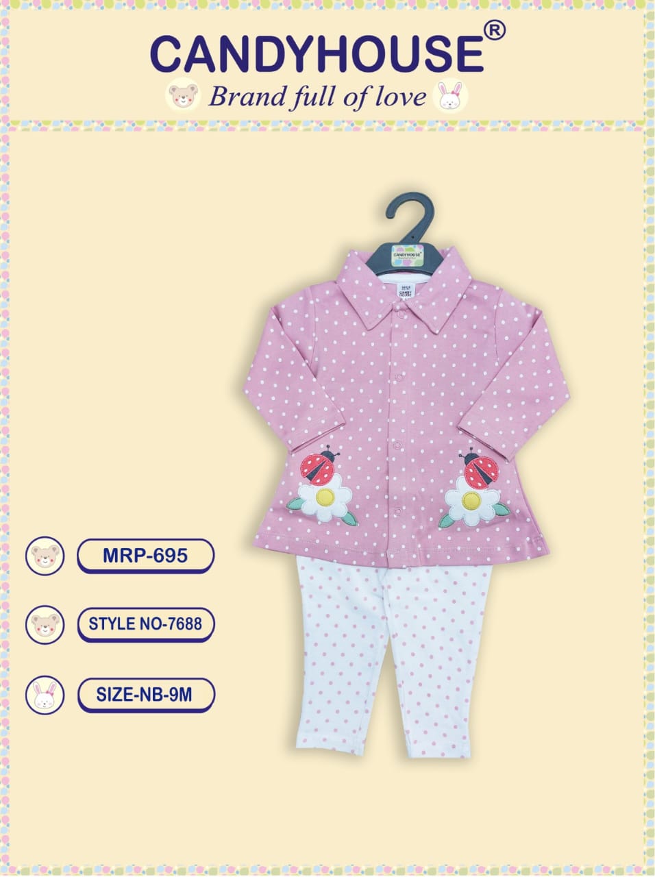 CandyHouse Cotton Knit Full Sleeves Front Open Collored Top & Leggings Set - Pink & White