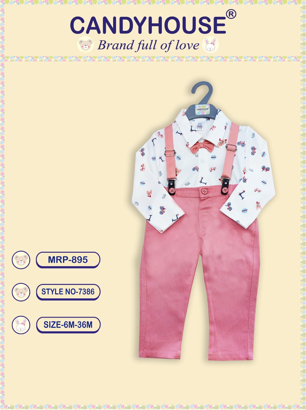 CandyHouse Full Sleeves T shirt with attached Bow & Full Pant Suspender Set - Dark Peach