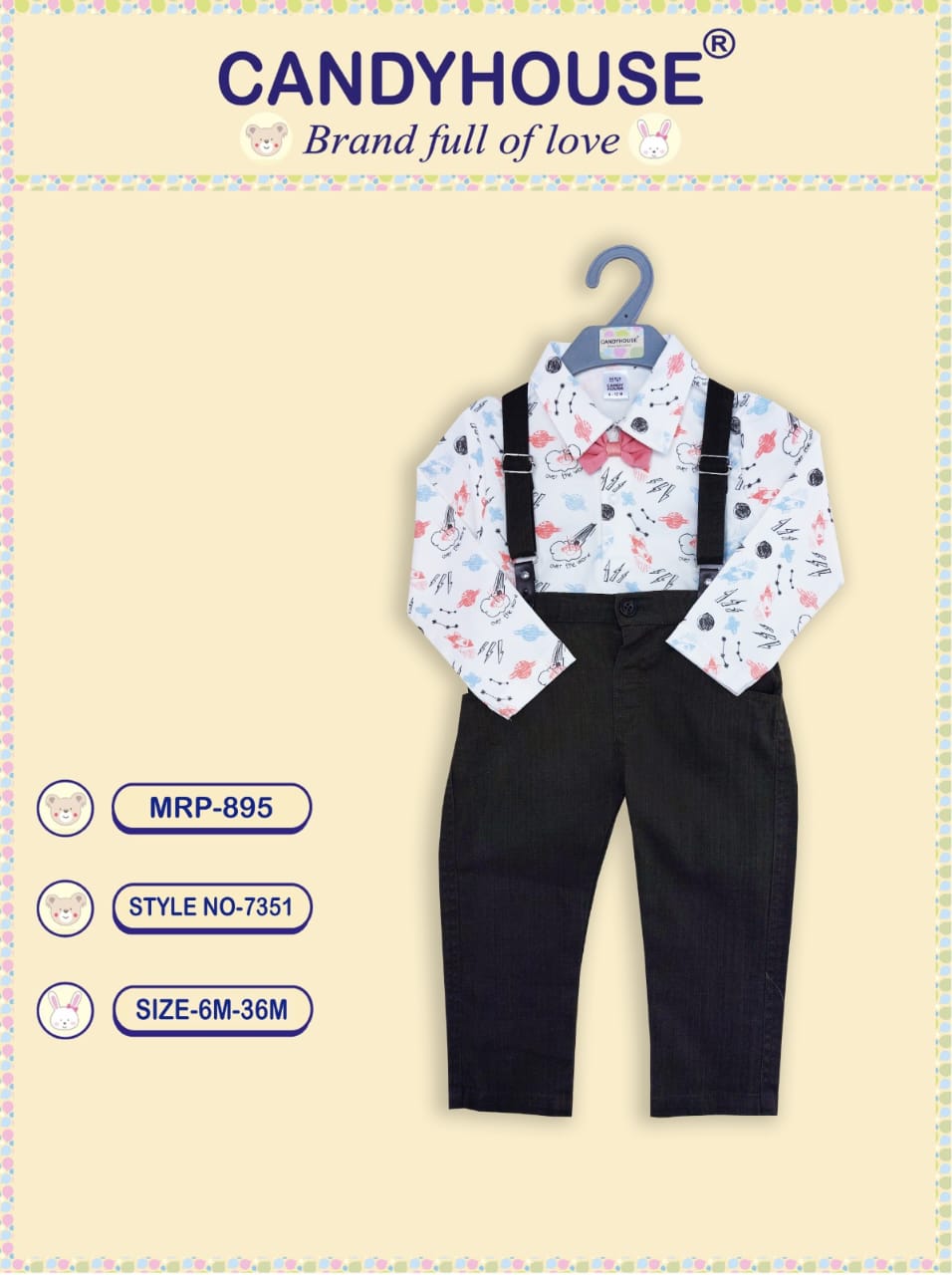 CandyHouse Full Sleeves T shirt with attached Bow & Full Pant Suspender Set - Charcoal Grey