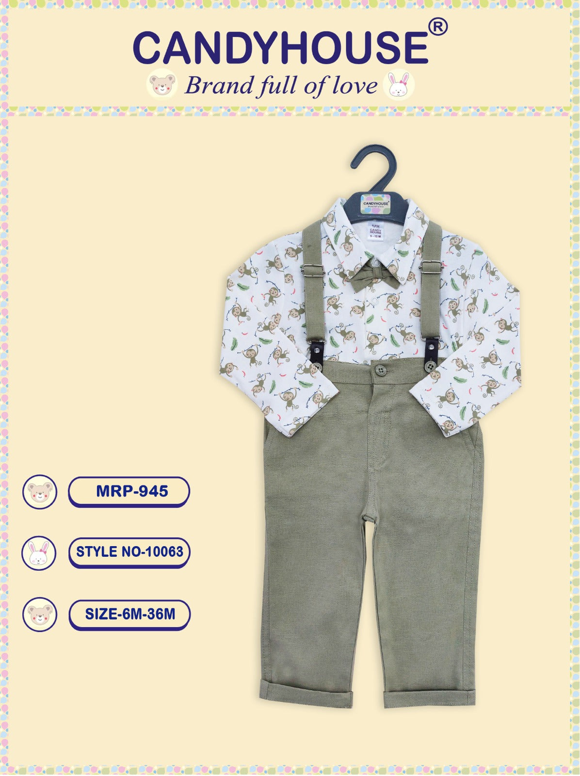 CandyHouse Full Sleeves T shirt with attached Bow & Full Pant Suspender Set - Beige