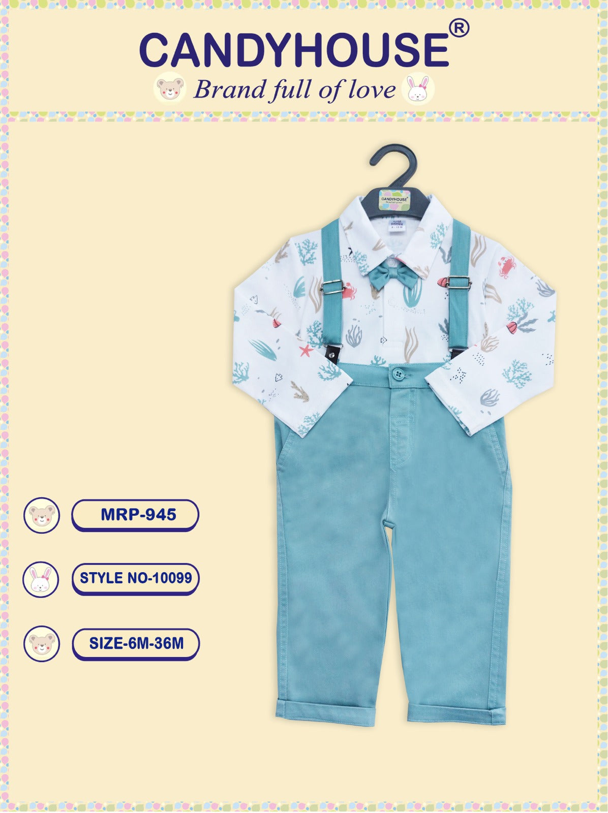 CandyHouse Full Sleeves T shirt with attached Bow & Full Pant Suspender Set - Sky Blue