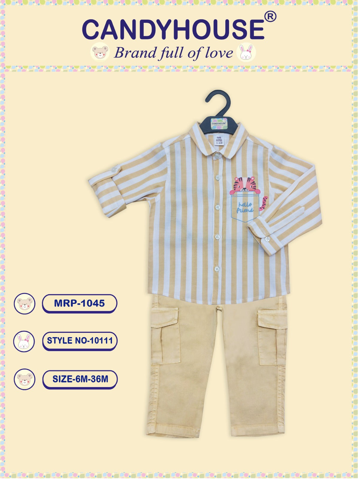 CandyHouse Cotton Woven Striped Shirt with Applique & Trouser Pant Set - Mango Yellow