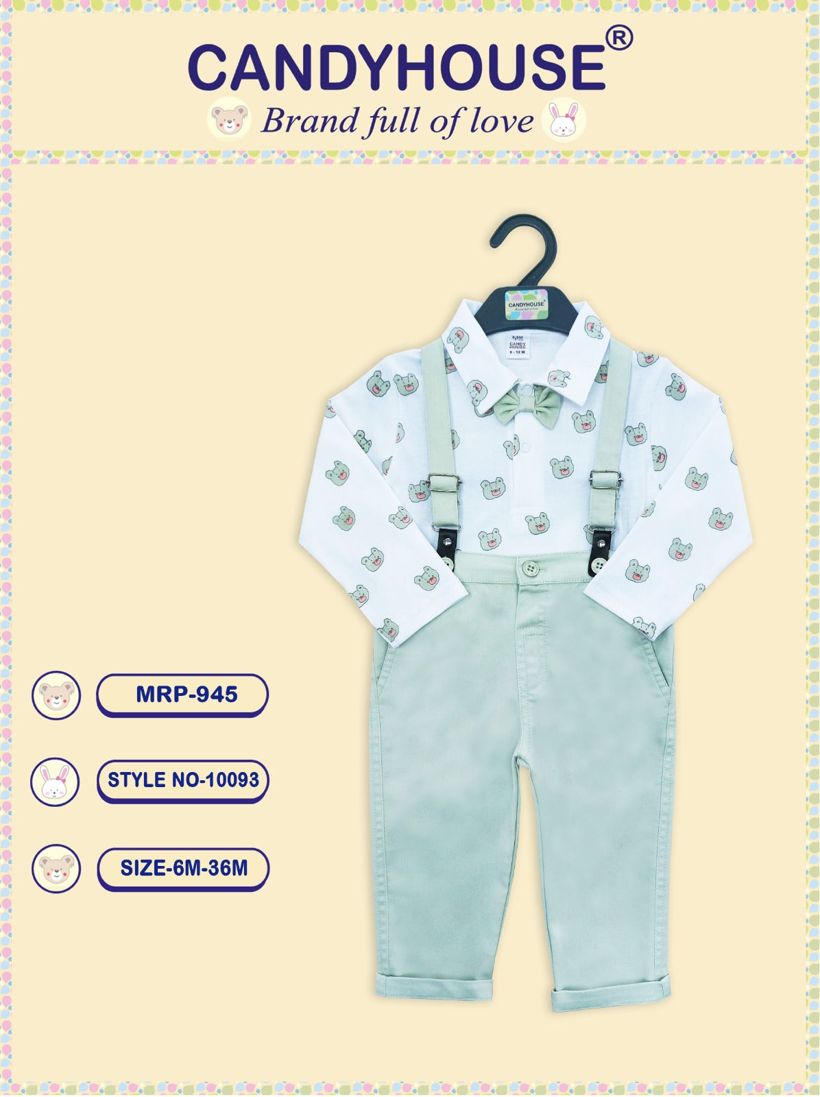 CandyHouse Full Sleeves T shirt with attached Bow & Full Pant Suspender Set - Light Pista Green