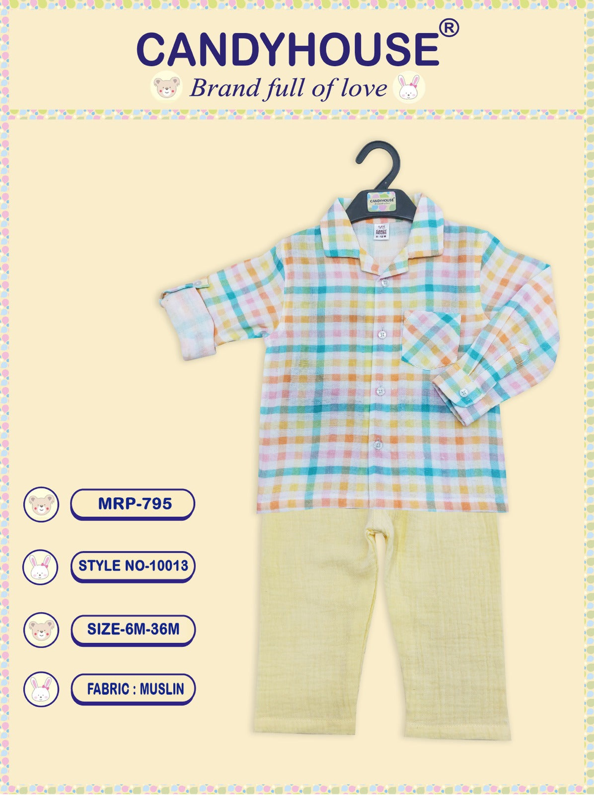 CandyHouse Cotton Muslin Checked Shirt with Pocket & Trouser Pant Set - Mango Yellow