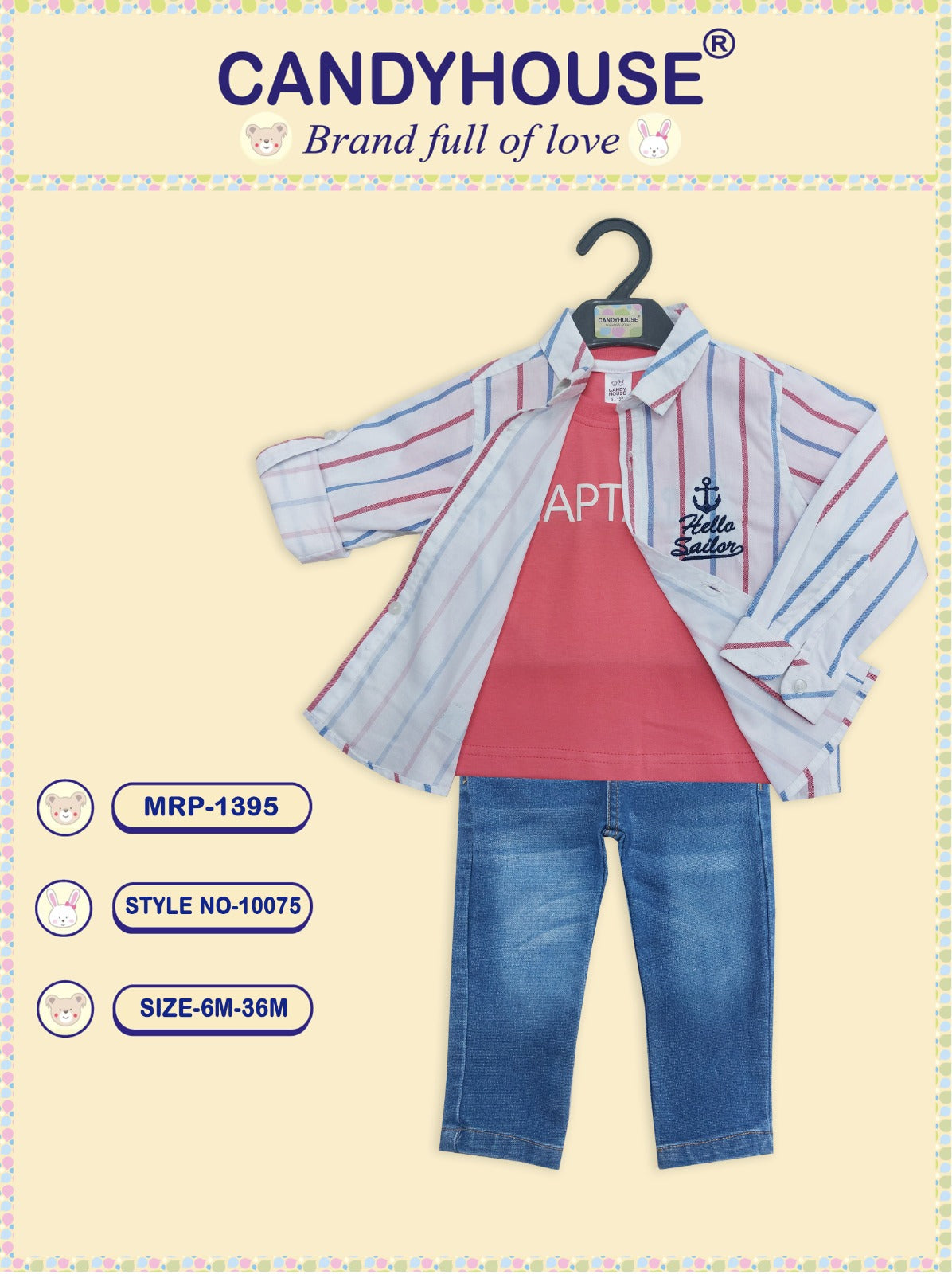 CandyHouse Interlock Knit Half Sleeves T-Shirt & Jeans Set with Striped Shirt - Red & Blue