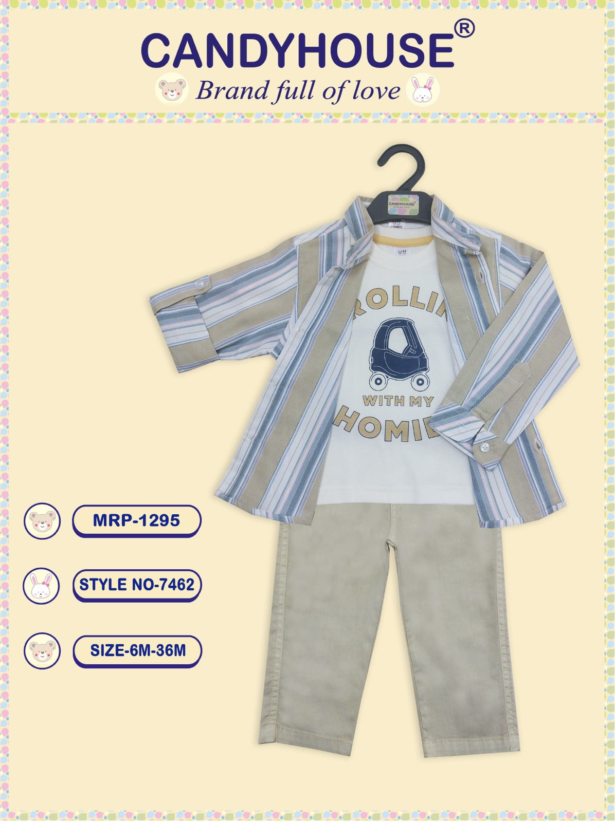 CandyHouse Interlock Knit Half Sleeves T-Shirt & Pant Set with Striped Shirt - Beige & White