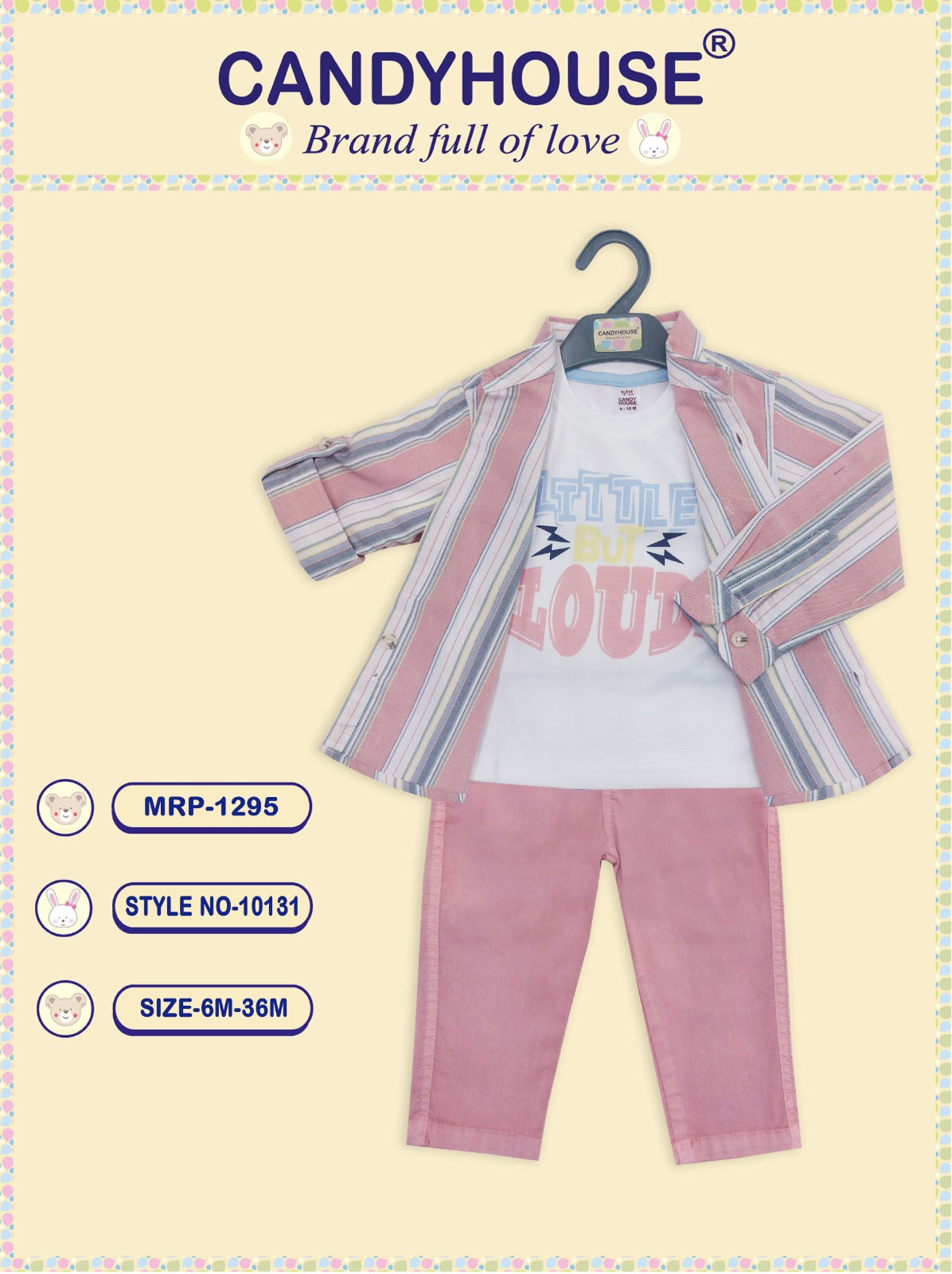 CandyHouse Interlock Knit Half Sleeves T-Shirt & Pant Set with Striped Shirt - Peach & White