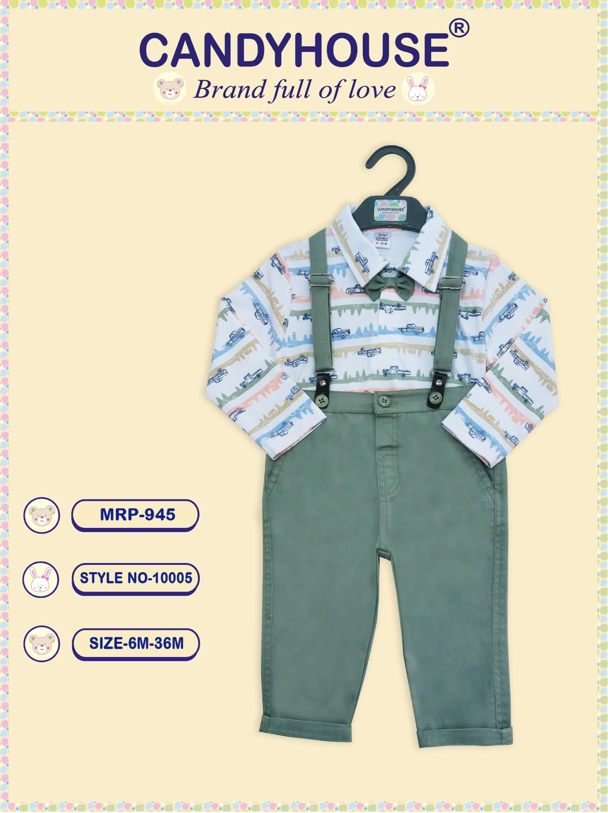 CandyHouse Full Sleeves T shirt with attached Bow & Full Pant Suspender Set - Bottle Green