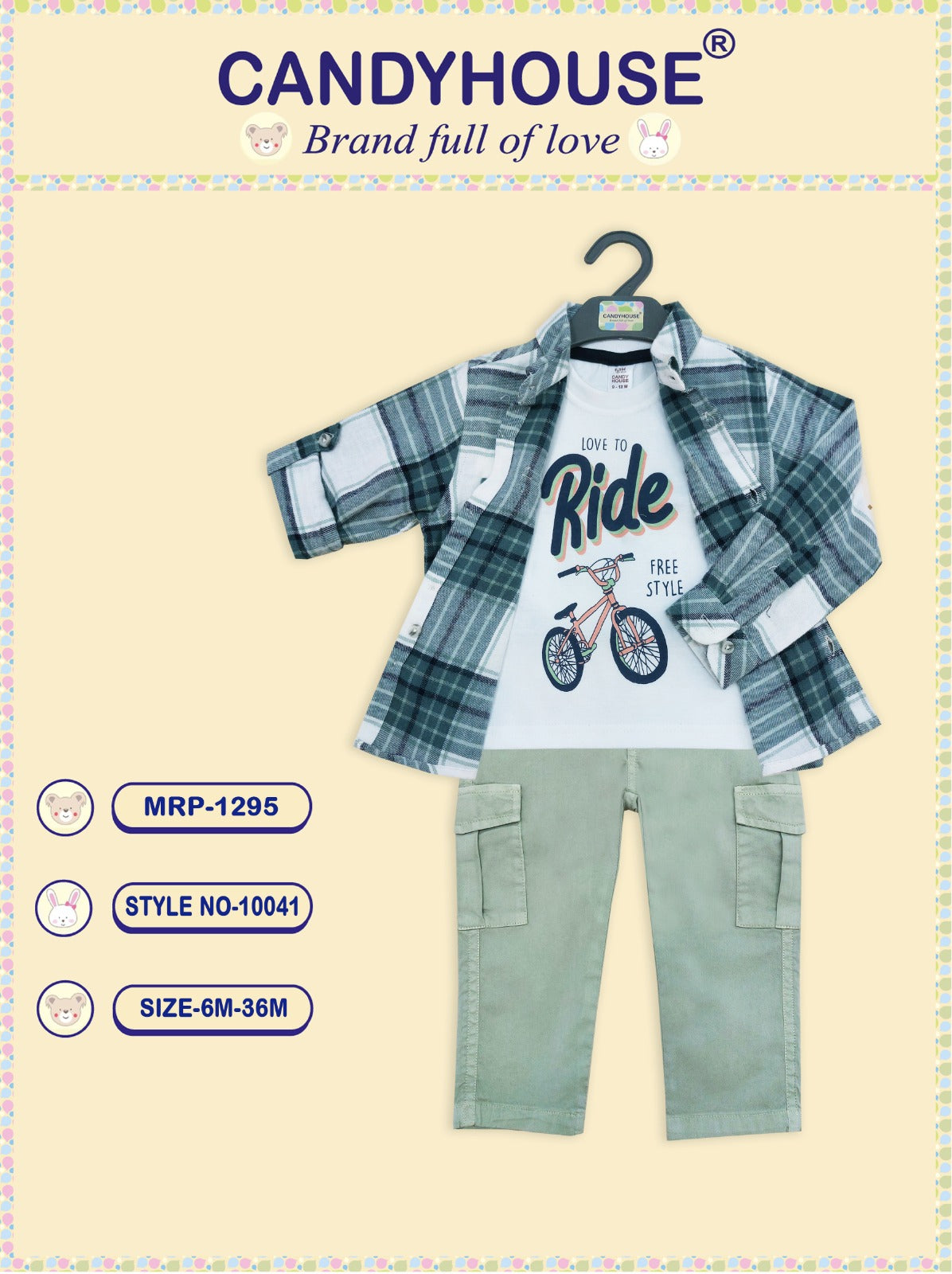 CandyHouse Interlock Knit Half Sleeves T-Shirt & Pant with pockets Set with Checked Shirt - Pista Green