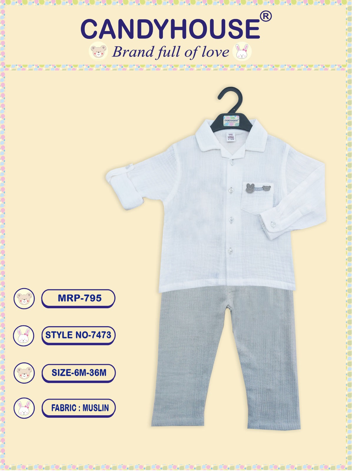 CandyHouse Cotton Muslin Checked Shirt with Pocket & Trouser Pant Set - White & Grey