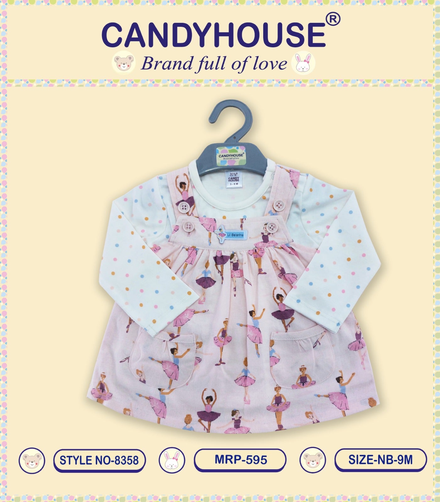 CandyHouse Knitted Frock With Floral Printed Full Sleeves Inner Tee -  Baby Pink & White Dotted