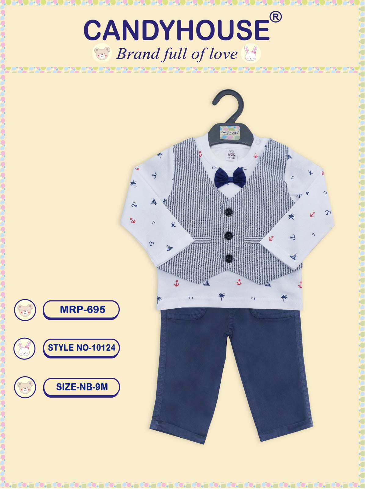 CandyHouse Knitted Cotton Full Sleeves T-Shirt with Attached Jacket and Bow & Woven Pants Set - White & Navy