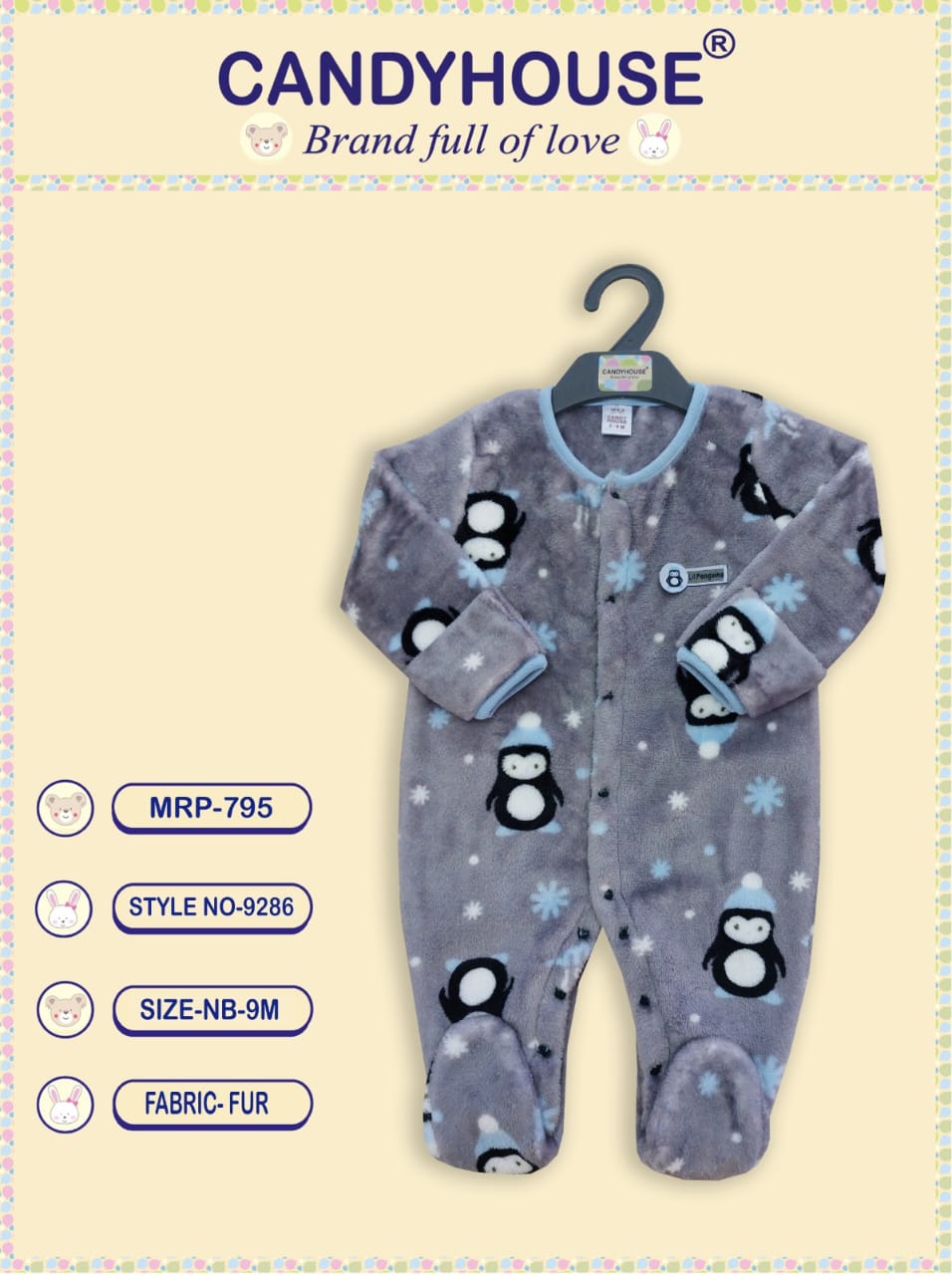 CandyHouse Full Sleeves Front Open Winter Wear Fur Romper with Penguin Star Print - Grey