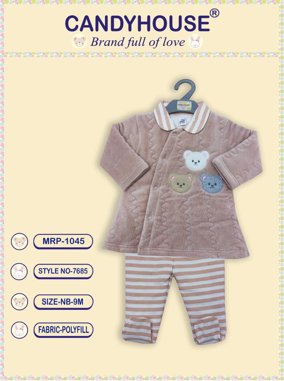 CandyHouse Polyfill Full Sleeves Winter Wear Front Open Top & Lounge Pant Set with Teddy Appliques - Beige