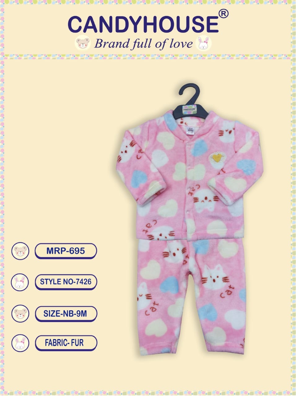 CandyHouse Fur Woven Full Sleeves Winter Wear Front Open Top & Lounge Pant Set with Cat and Heart Print - Pink