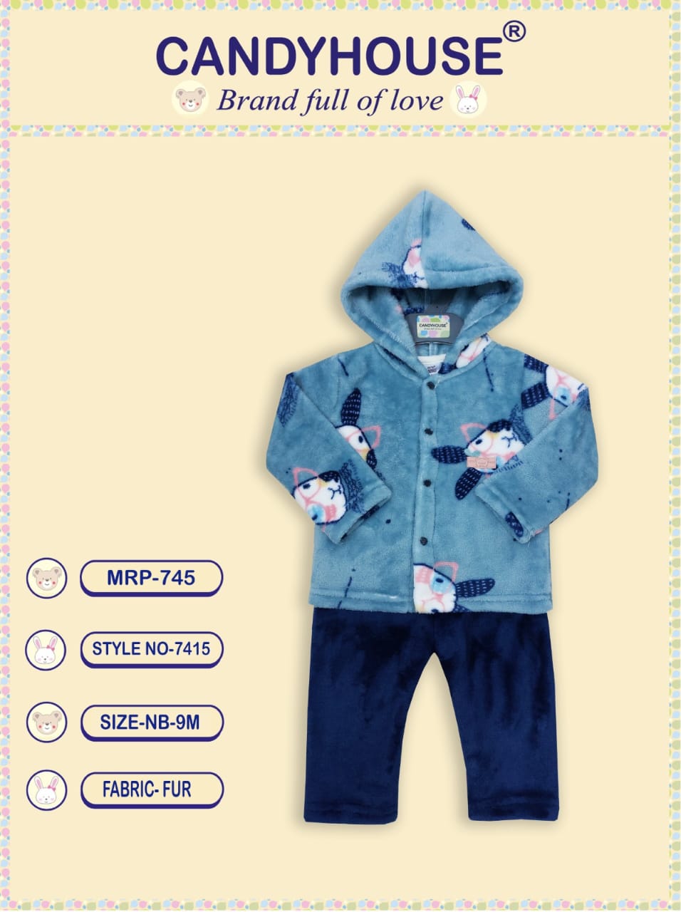 CandyHouse Fur Woven Full Sleeves Winter Wear Hooded Front Open Top & Lounge Pant Set With Rabbit Print - Navy Blue