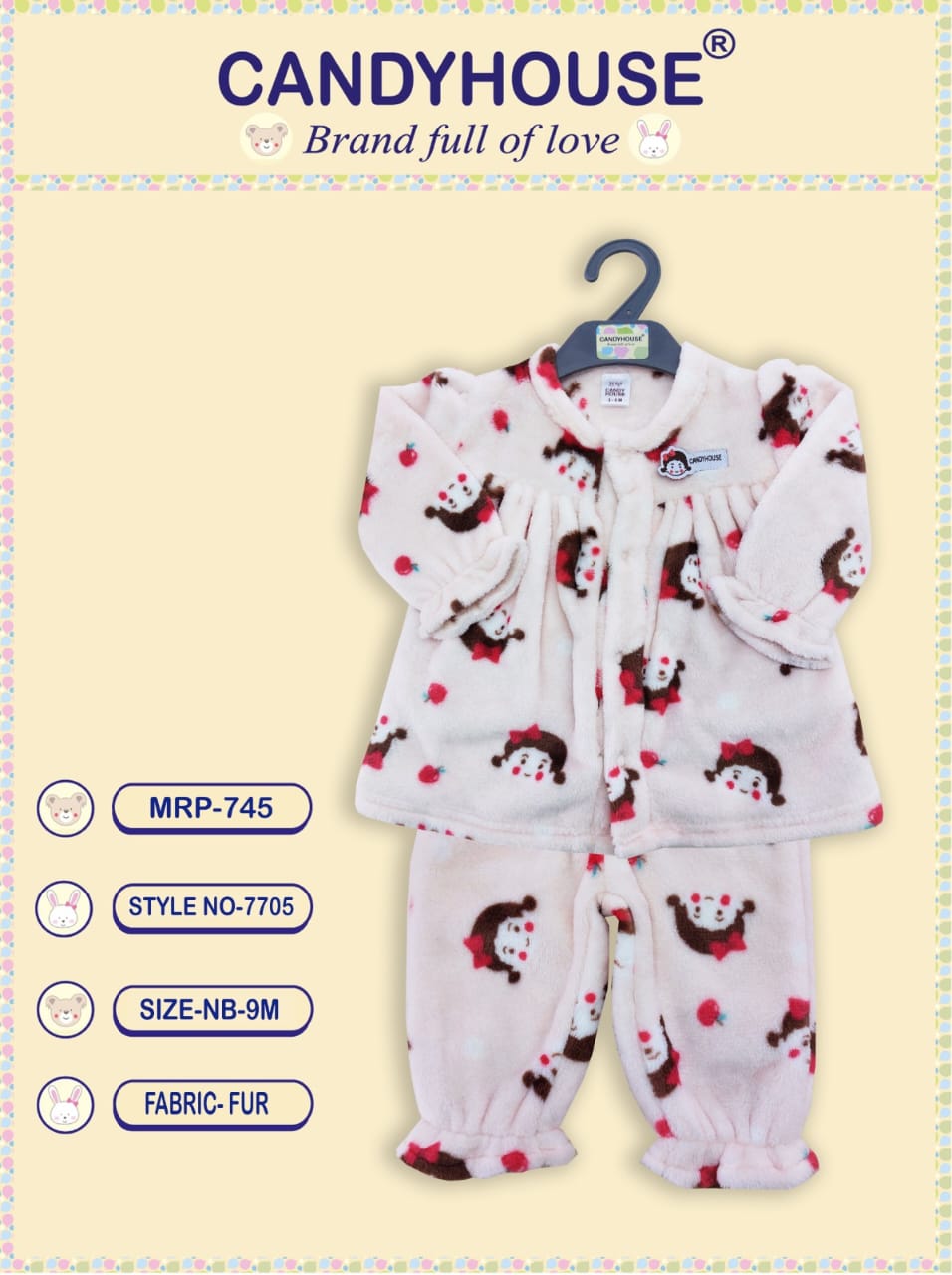 CandyHouse Fur Woven Full Sleeves Winter Wear Front Open Top & Pant Set With Print - Cream