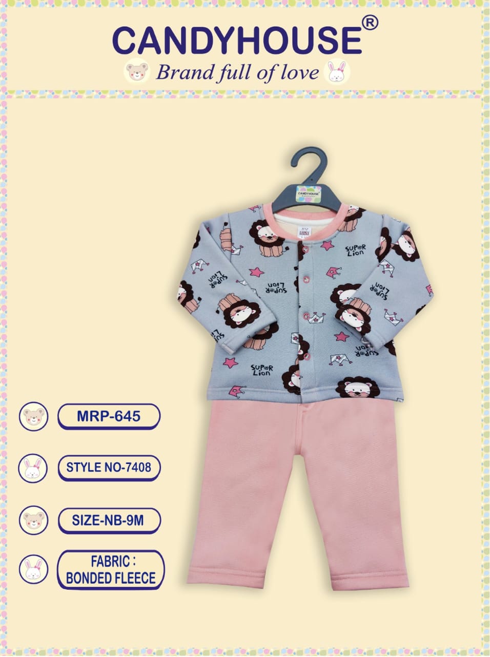 CandyHouse Woven Bonded Fleece Full Sleeves Winter Wear Front Open Top & Lounge Pant Set with Lion King Print - Peach