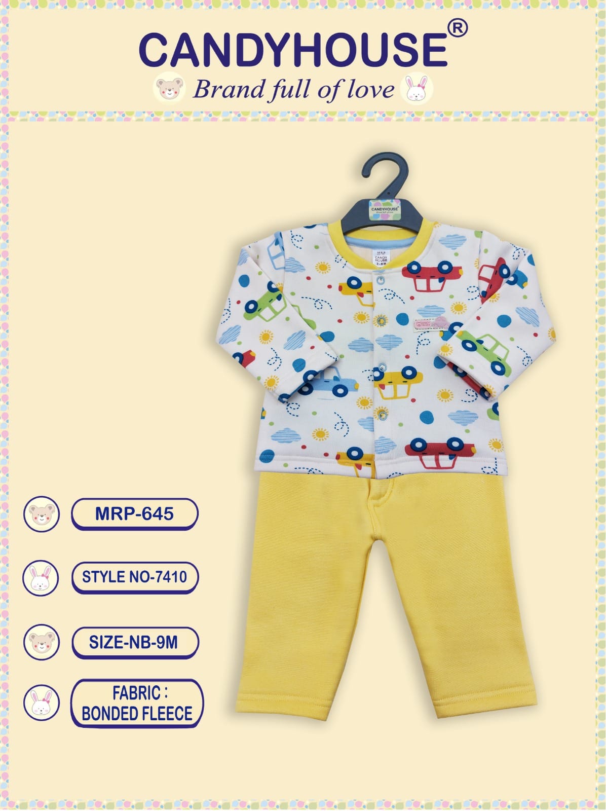 CandyHouse Woven Bonded Fleece Full Sleeves Winter Wear Front Open Top & Lounge Pant Set with Car Print - Yellow