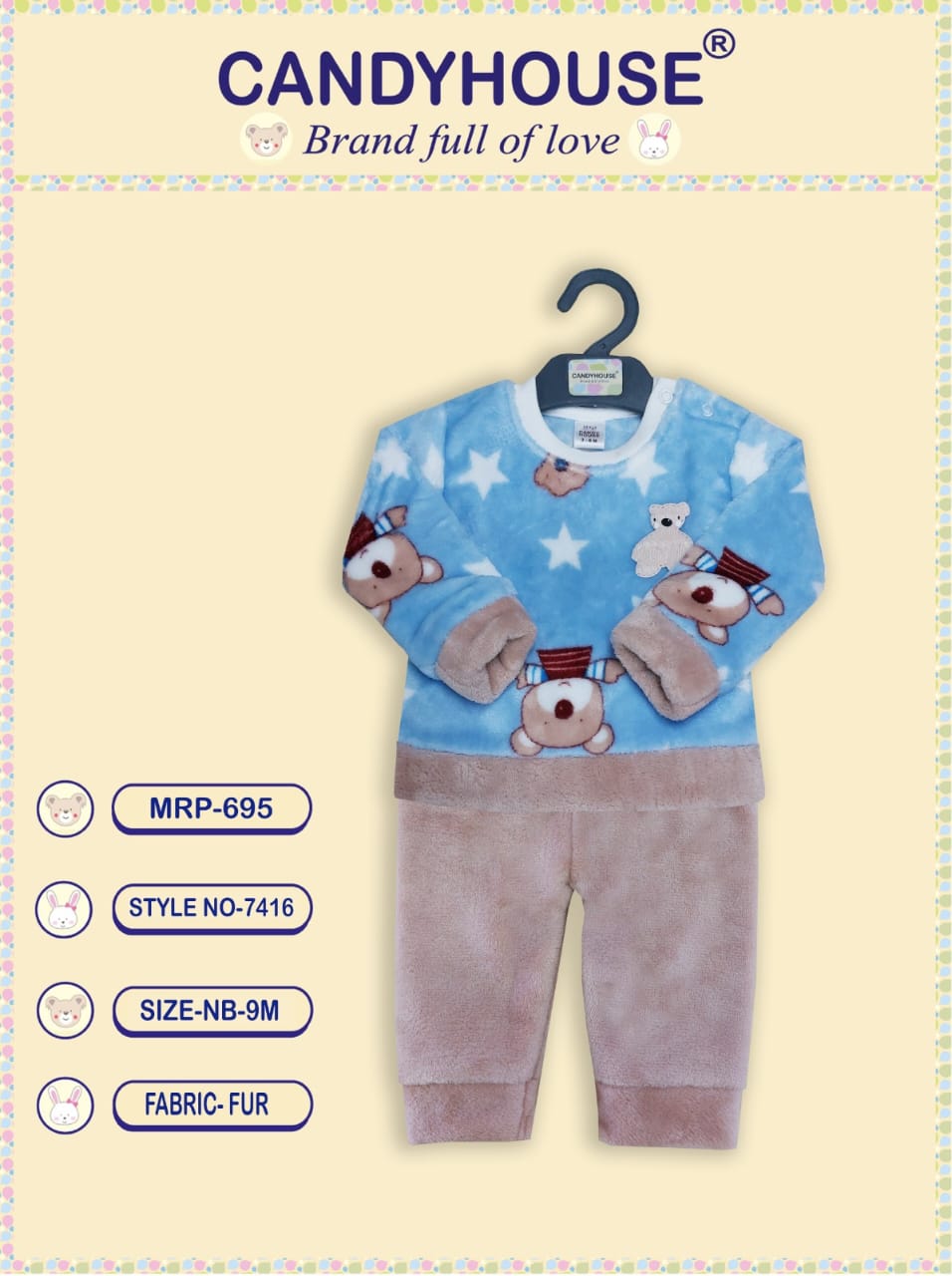 CandyHouse Fur Woven Full Sleeves Winter Wear T shirt & Lounge Pant Set With Panda Print - Blue & Beige